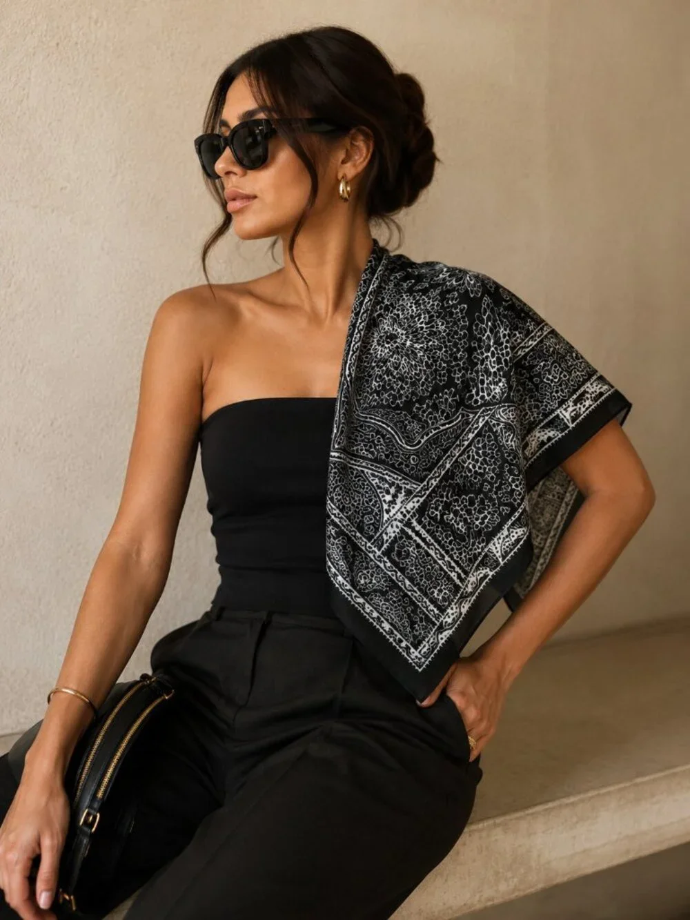 Black White Paisley Silk Blend Scarf Hand Rolled Edge Square Bandana Neck Hair